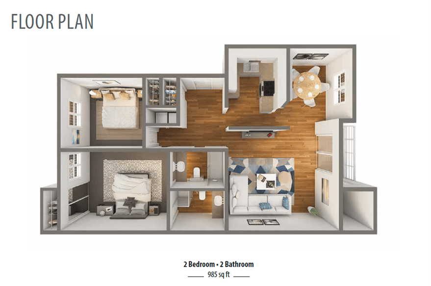 Floor plan for 2 beds, 2 baths, 985 sqft